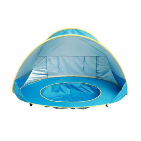 Blått pop-up UV-tält för bebis framifrån med plaskyta mot vit bakgrund