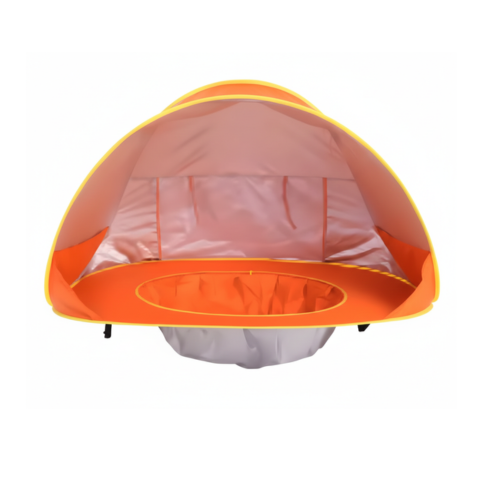 Orange pop-up UV-tält för bebis framifrån med plaskyta mot vit bakgrund