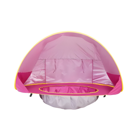 Rosa pop-up UV-tält för bebis framifrån med plaskyta mot vit bakgrund
