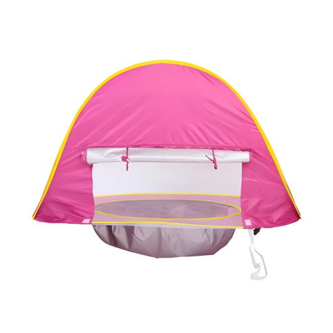 Rosa pop-up UV-tält för bebis bakifrån med ventilation och plaskyta