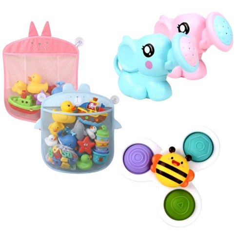 Badleksaker med elefanter, två förvaringspåsar och bi-formad spinner mot ljus bakgrund