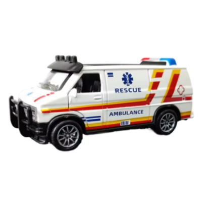 Vit ambulansbil i metall för barn, sidovy mot vit bakgrund